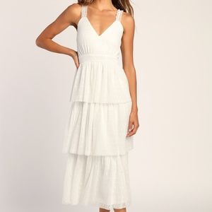 Tier Perfection White Swiss Dot Ruffled Midi Dress